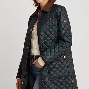 Ralph Lauren Quilted Dark Green Puffer Coat with Brown Trim